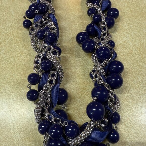 Loft Blue Bauble Necklace w/Silver Chain Interwoven - Fabric Tie - 48 inches - Picture 2 of 5